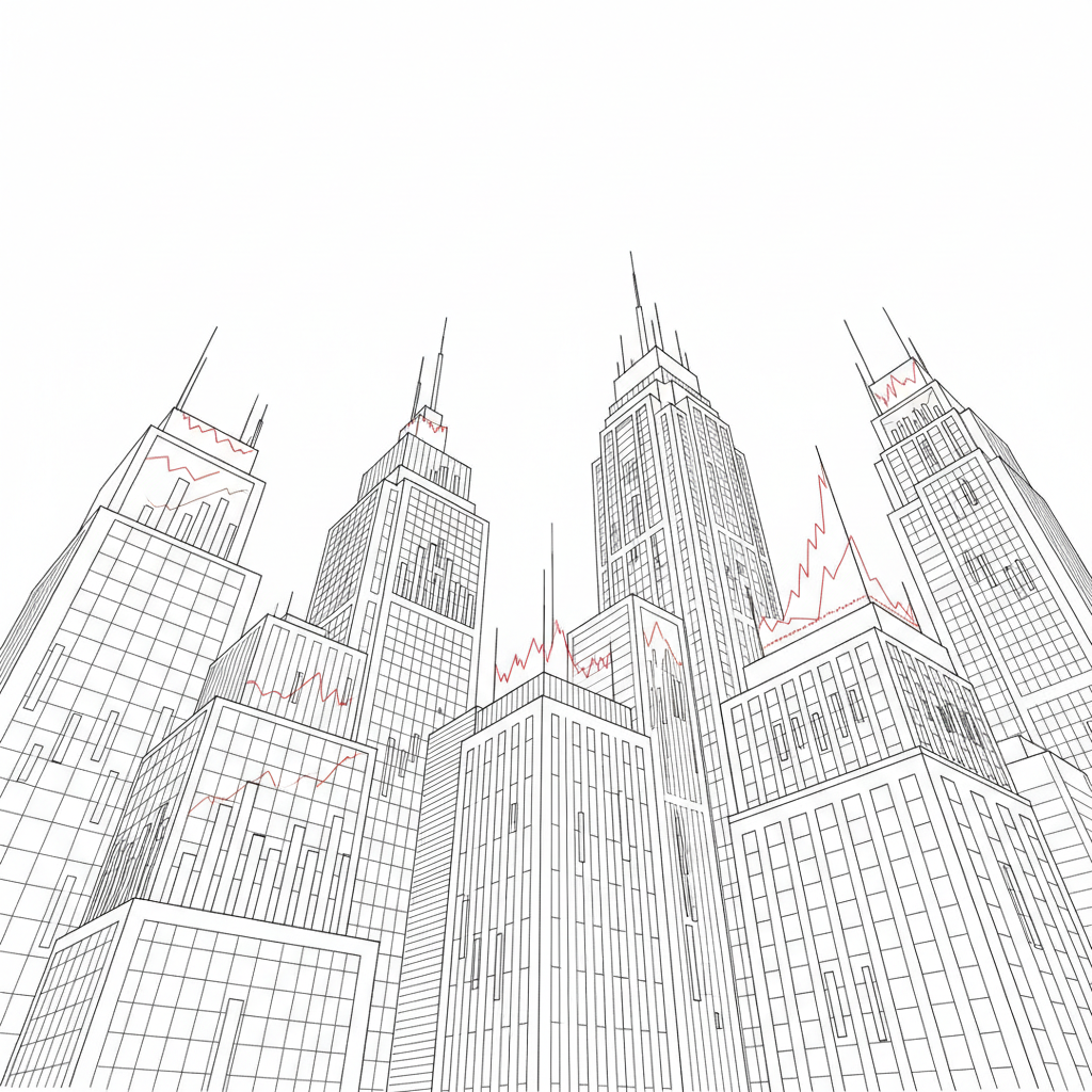 Crisp line-art scene of a tightly framed cluster of skyscrapers representing financial institutions, their façades composed of rigorous vertical and horizontal lines that subtly integrate price charts into the architecture. Some windows transform into ascending bar charts, while rooftop antennae echo trend lines and support/resistance levels. Perspective lines lead toward a vanishing point high in the sky, enhancing a sense of upward momentum. Light is indicated by sparing use of cross-hatching on one side of each building, creating depth without greyscale. The mood is ambitious, technical, and urban. Drawn from a low-angle perspective, the composition feels dynamic and forward-driving, like a conceptual economic illustration in a business magazine, entirely in clean, professional line-art with generous white space around the city cluster.