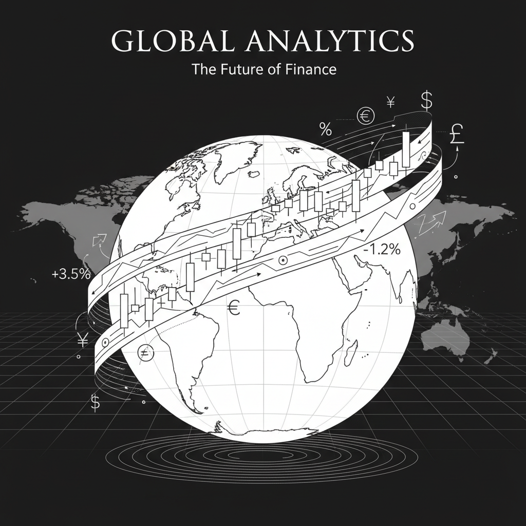Elegant line-art depiction of a globe partially wrapped by flowing ribbons that morph into financial charts and currency symbols. The continents are outlined with fine, accurate lines, while the ribbons show candlestick patterns, trend lines, and percentage markers using distinct, technical strokes. The globe rests on a subtle, circular base indicated with thin perspective lines, set against a spacious, uncluttered background with faint grid lines suggesting global markets. Light is implied through strategic cross-hatching on the underside of the sphere, giving a sense of volume without shading. The mood is global, analytical, and forward-looking. Framed centrally with a slightly elevated perspective, the composition feels like a refined magazine cover illustration, minimal yet information-rich, rendered entirely in professional, clean line-art.