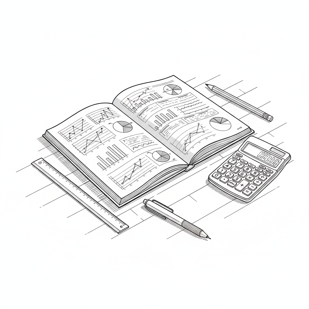 Detailed line-art illustration of an open financial report on a neatly organized desk, the pages filled with tiny but legible charts, bar graphs, and margin notes indicated through precise strokes. A slim metal ruler, mechanical pencil, and a scientific calculator are arranged at measured angles around the report, each object defined with technical, architectural-style line work. The desk surface is suggested through parallel lines and subtle perspective, fading into a blank background that keeps the focus on analytical tools. Overhead office lighting is implied by consistent, downward shadows delineated with parallel hatching. The atmosphere is calm, rigorous, and methodical. Captured from a slightly elevated, three-quarter angle, the composition uses the rule of thirds to balance objects, resembling a clean editorial illustration for in-depth economic analysis.